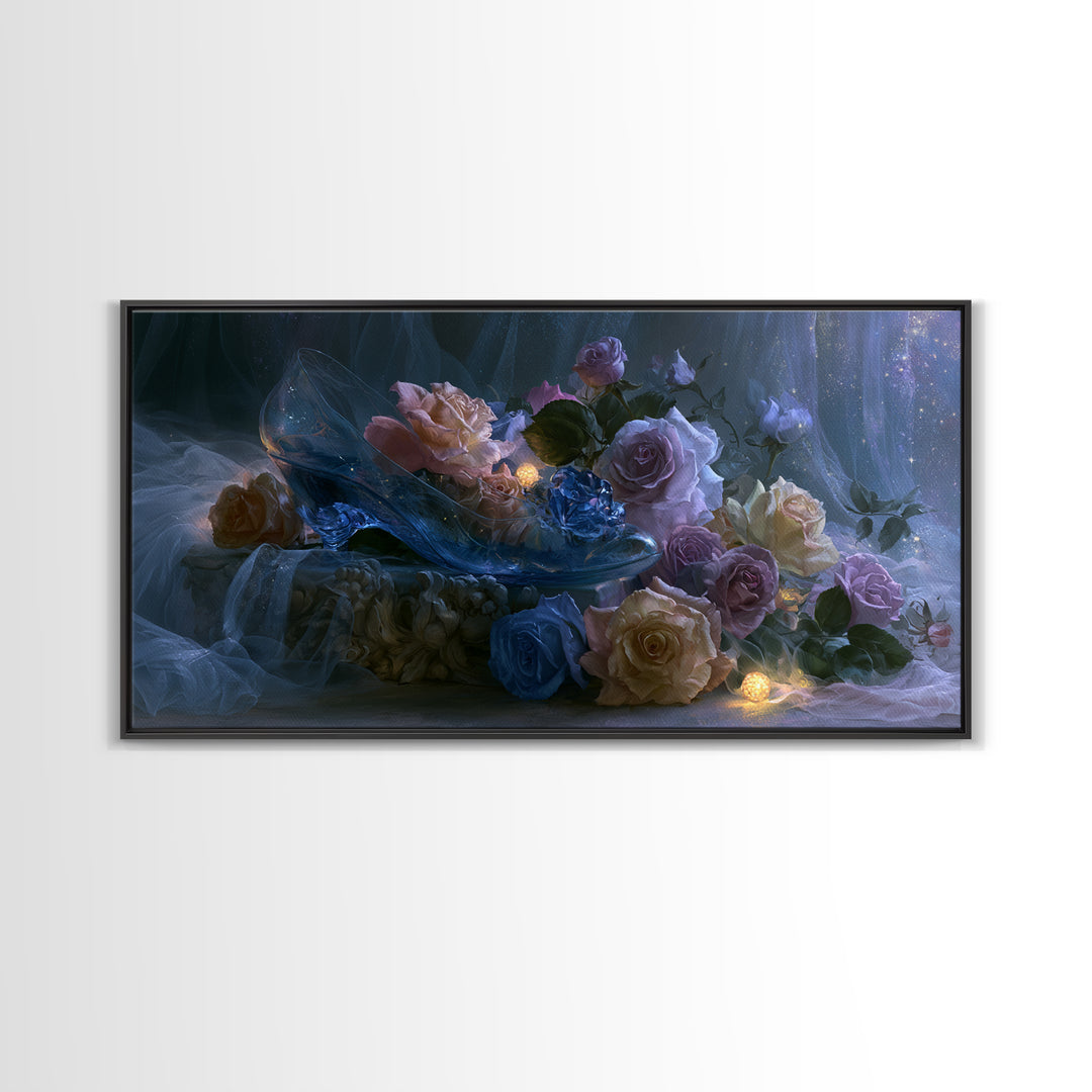 Glass Slipper Still Life Canvas Print, Fairy Tale Art, Living Room Decor, Abstract Art, Storybook, Art Nouveau, FTA-2x1-2