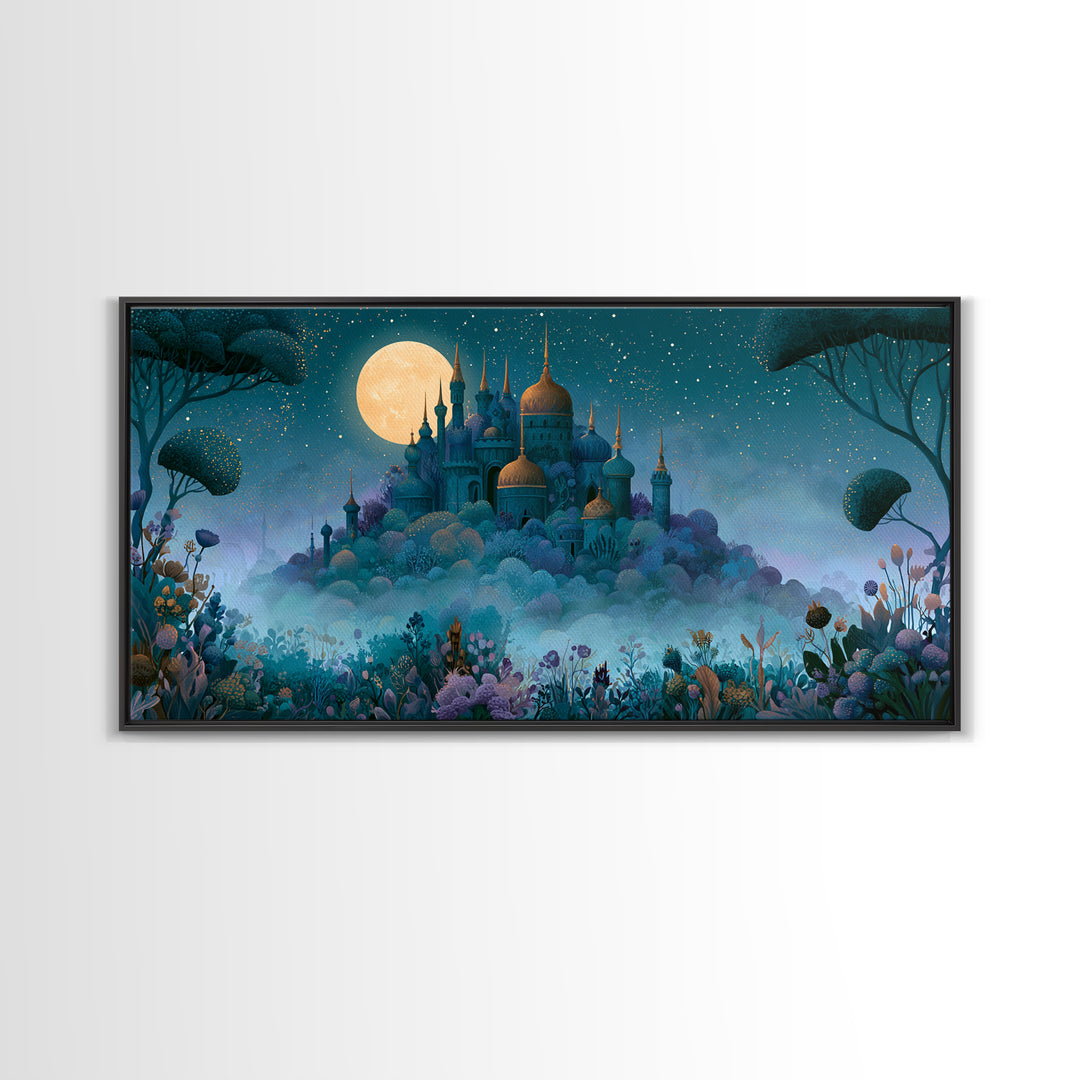 Storybook Castle on a Misty Hill Canvas Print, Fairy Tale Art, Textured Painting, Living Room Decor, Fine Art, Storybook, FTA-2x1-22