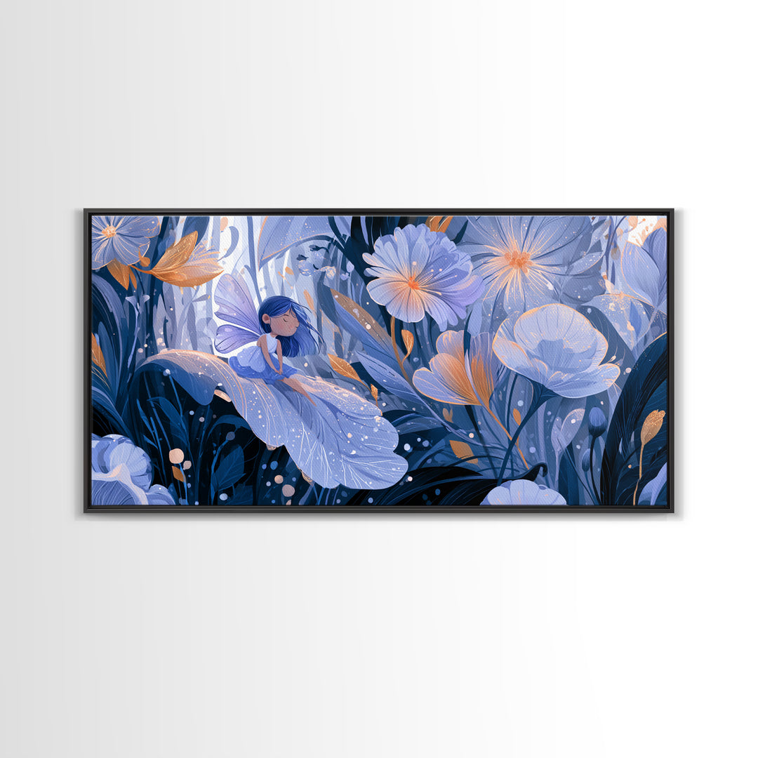 Tiny Fairy Resting on a Dew Covered Framed Canvas Print, Fairy Tale Art, Boho Decor, Living Room Decor, Fine Art, Storybook, FTA-2x1-27