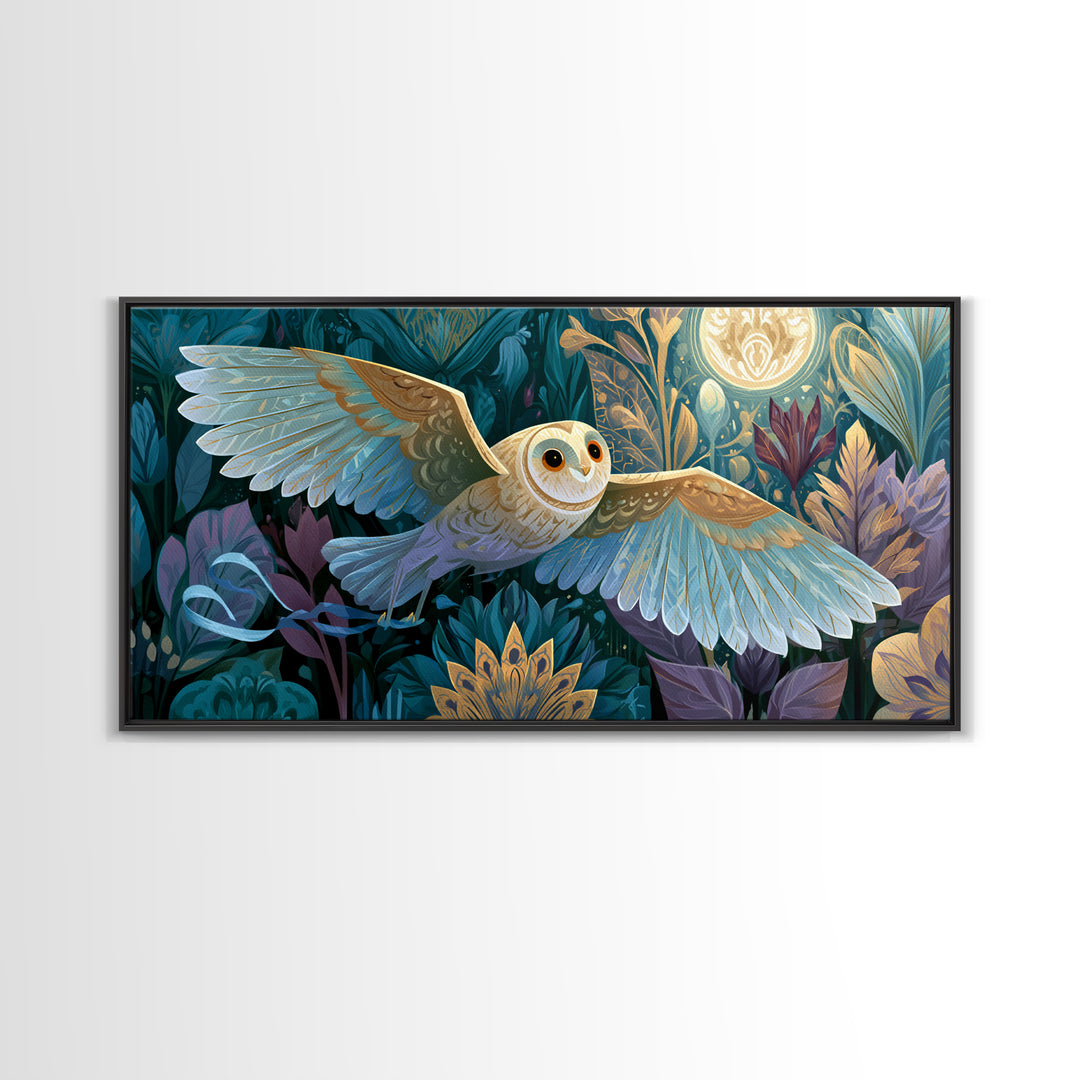 Owl Messenger Carrying a Tiny Ribbon Framed Canvas Print, Fairy Tale Art, Art Print, Living Room Decor, Fine Art, Storybook, FTA-2x1-37