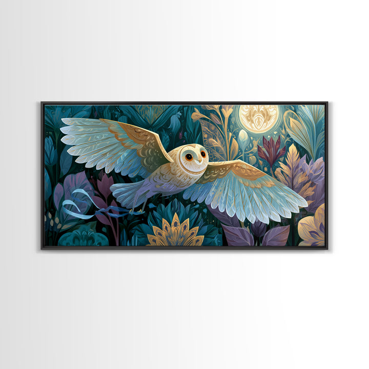 Owl Messenger Carrying a Tiny Ribbon Framed Canvas Print, Fairy Tale Art, Art Print, Living Room Decor, Fine Art, Storybook, FTA-2x1-37