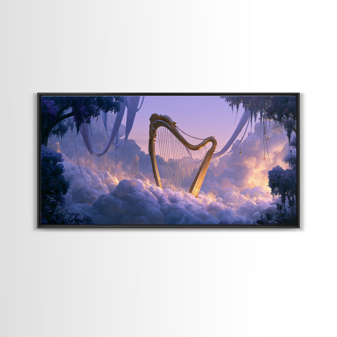 Golden Harp in a Cloud Kingdom Framed Canvas Print, Fairy Tale Art, Room Decor, Living Room Decor, Fine Art, Storybook, FTA-2x1-42