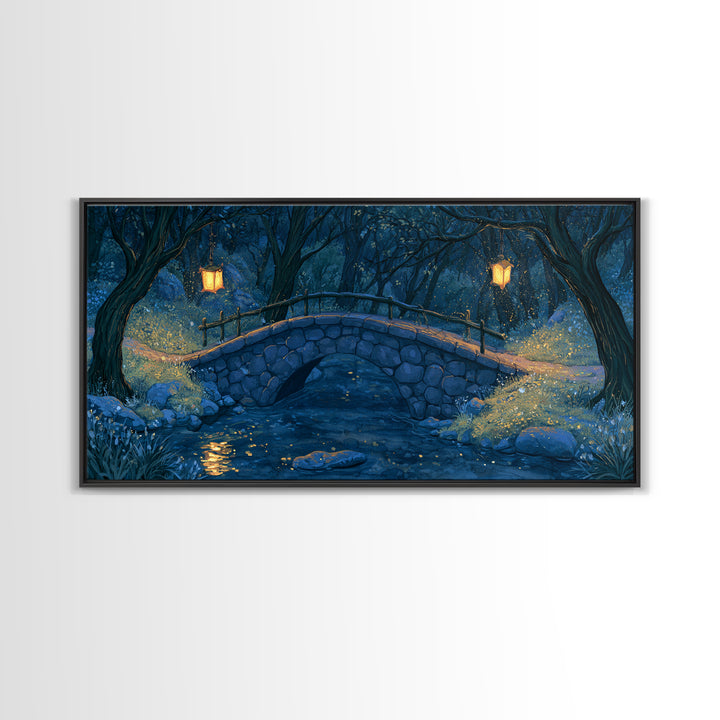 Lantern Lit Bridge Framed Canvas Print, Fairy Tale Art, Original Art, Living Room Decor, Fine Art, Storybook, Folk Art, FTA-2x1-43