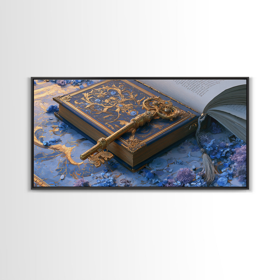 Golden Key and Enchanted Book Still Life Canvas Print, Fairy Tale Art, Nursery Wall Art, Living Room Decor, Storybook, FTA-2x1-5