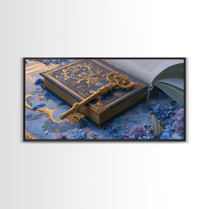 Golden Key and Enchanted Book Still Life Canvas Print, Fairy Tale Art, Nursery Wall Art, Living Room Decor, Storybook, FTA-2x1-5