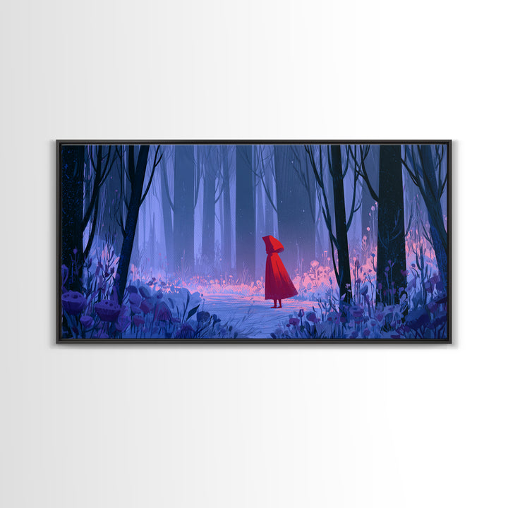 Red Cloak Figure Walking Through Dark Woods Canvas Print, Fairy Tale Art, Art Print, Living Room Decor, Oil Painting, Storybook, FTA-2x1-52