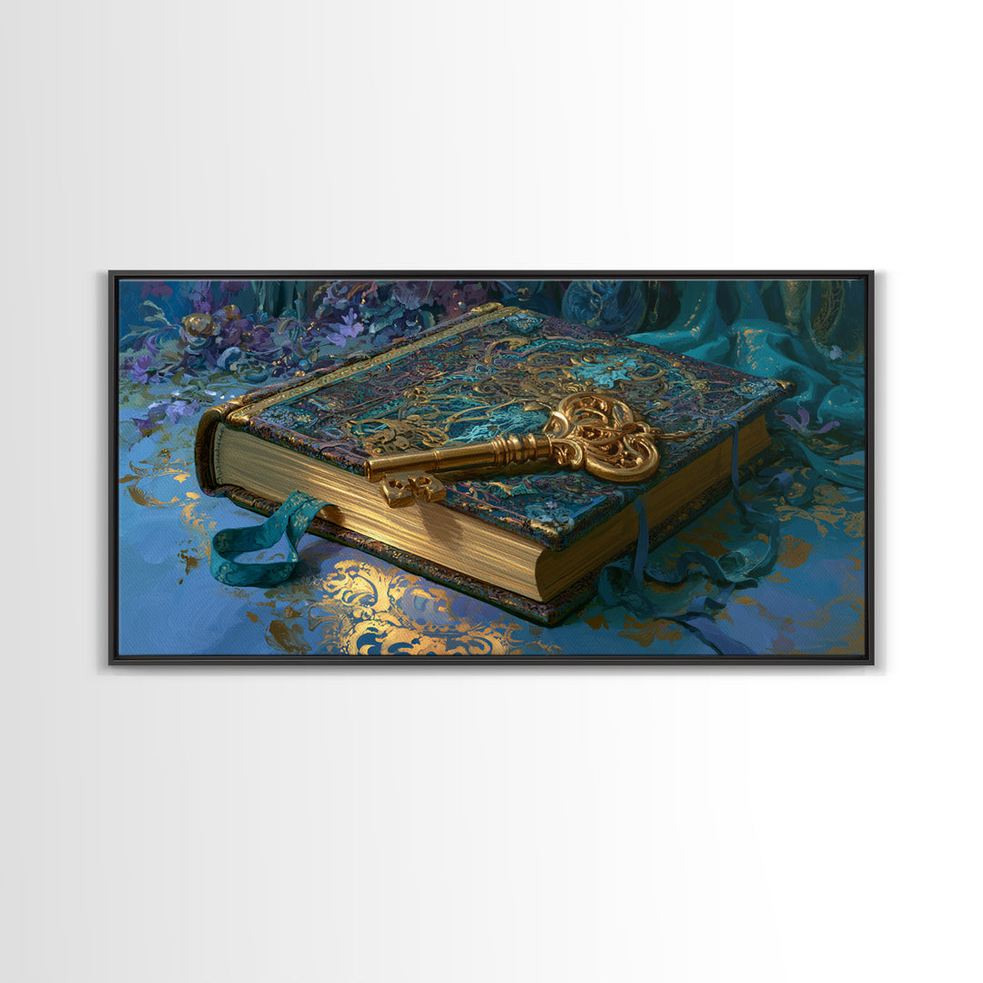 Golden Key and Enchanted Book Still Life Canvas Print, Fairy Tale Art, Boho Wall Art, Living Room Decor, Oil Painting, FTA-2x1-53
