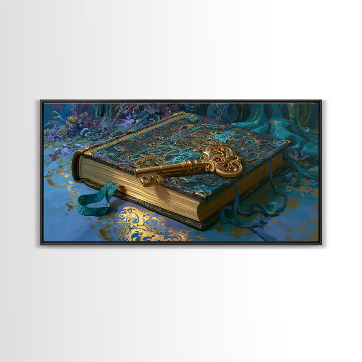 Golden Key and Enchanted Book Still Life Canvas Print, Fairy Tale Art, Boho Wall Art, Living Room Decor, Oil Painting, FTA-2x1-53
