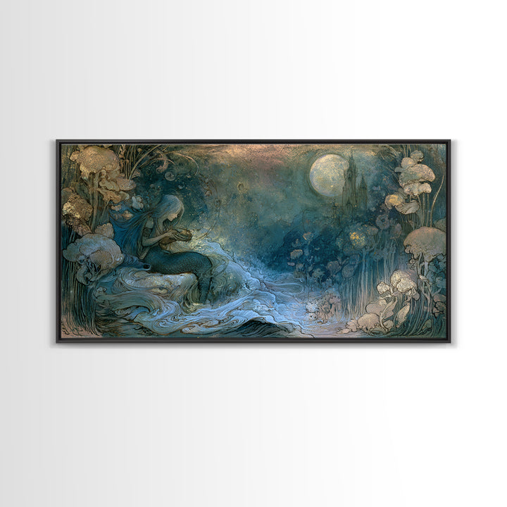 Mermaid Combing Hair Beneath a Pearl Moon Canvas Print, Fairy Tale Art, Printable Wall Art, Living Room Decor, Storybook, FTA-2x1-56