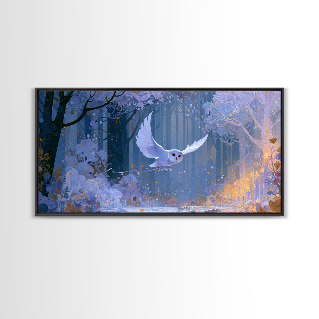 Owl Messenger Carrying a Tiny Ribbon Canvas Print, Fairy Tale Art, Canvas Wall Art, Living Room Decor, Fine Art, Storybook, FTA-2x1-61