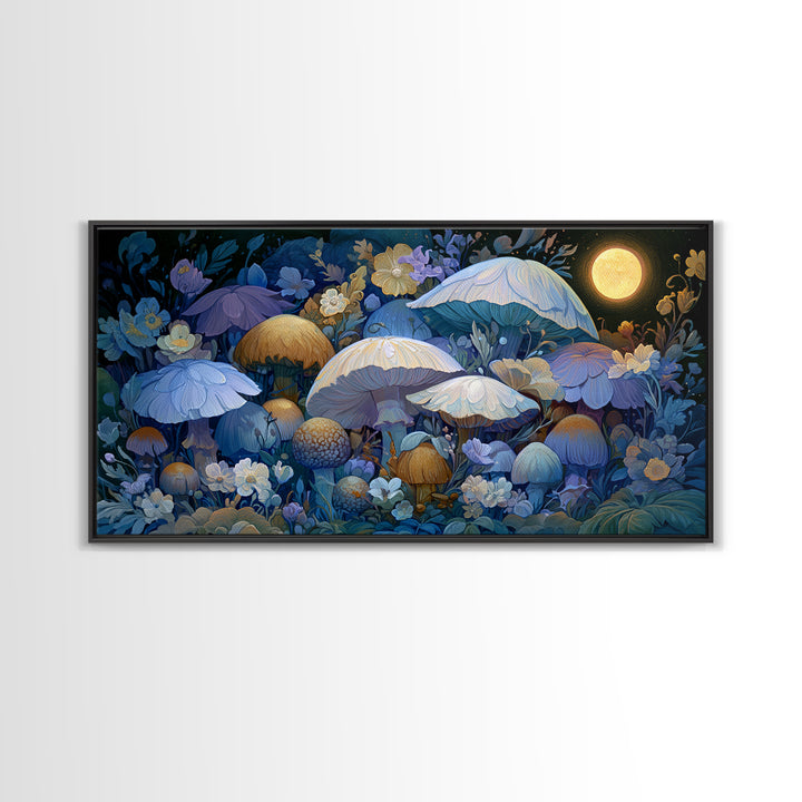 Fairy Ring of Mushrooms and Wildflowers Framed Canvas Print, Fairy Tale Art, Abstract Art, Living Room Decor, Storybook, FTA-2x1-65