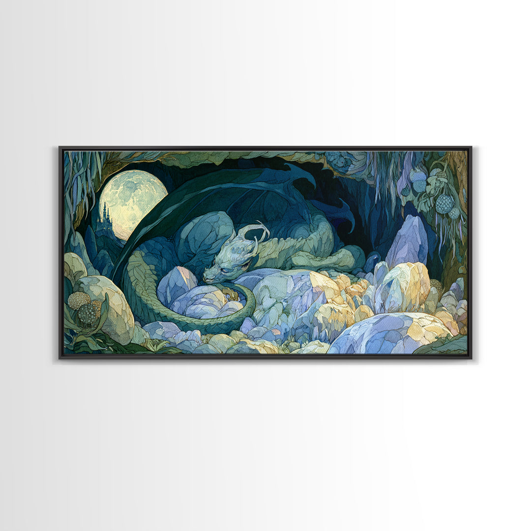 Sleeping Dragon in a Cave of Crystals Canvas Print, Fairy Tale Art, Nursery Wall Art, Living Room Decor, Watercolor Art, FTA-2x1-68