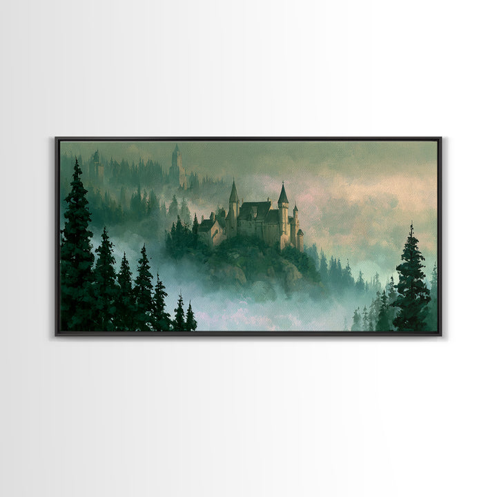 Storybook Castle on a Misty Hill Canvas Print, Fairy Tale Art, Original Art, Living Room Decor, Fine Art, Storybook, Folk Art, FTA-2x1-70