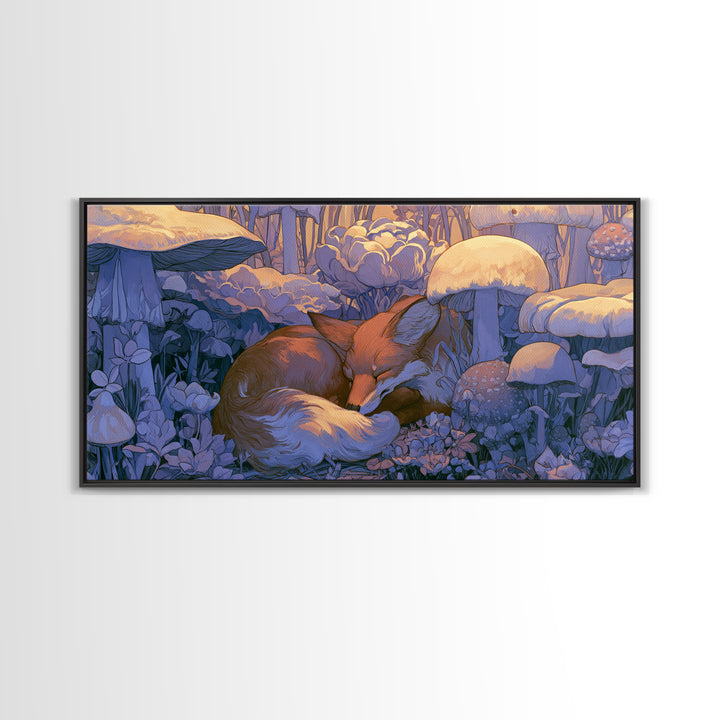 Sleeping Fox Beside a Magical Mushroom Ring Canvas Print, Fairy Tale Art, Kids Room Decor, Living Room Decor, Abstract Art, FTA-2x1-71