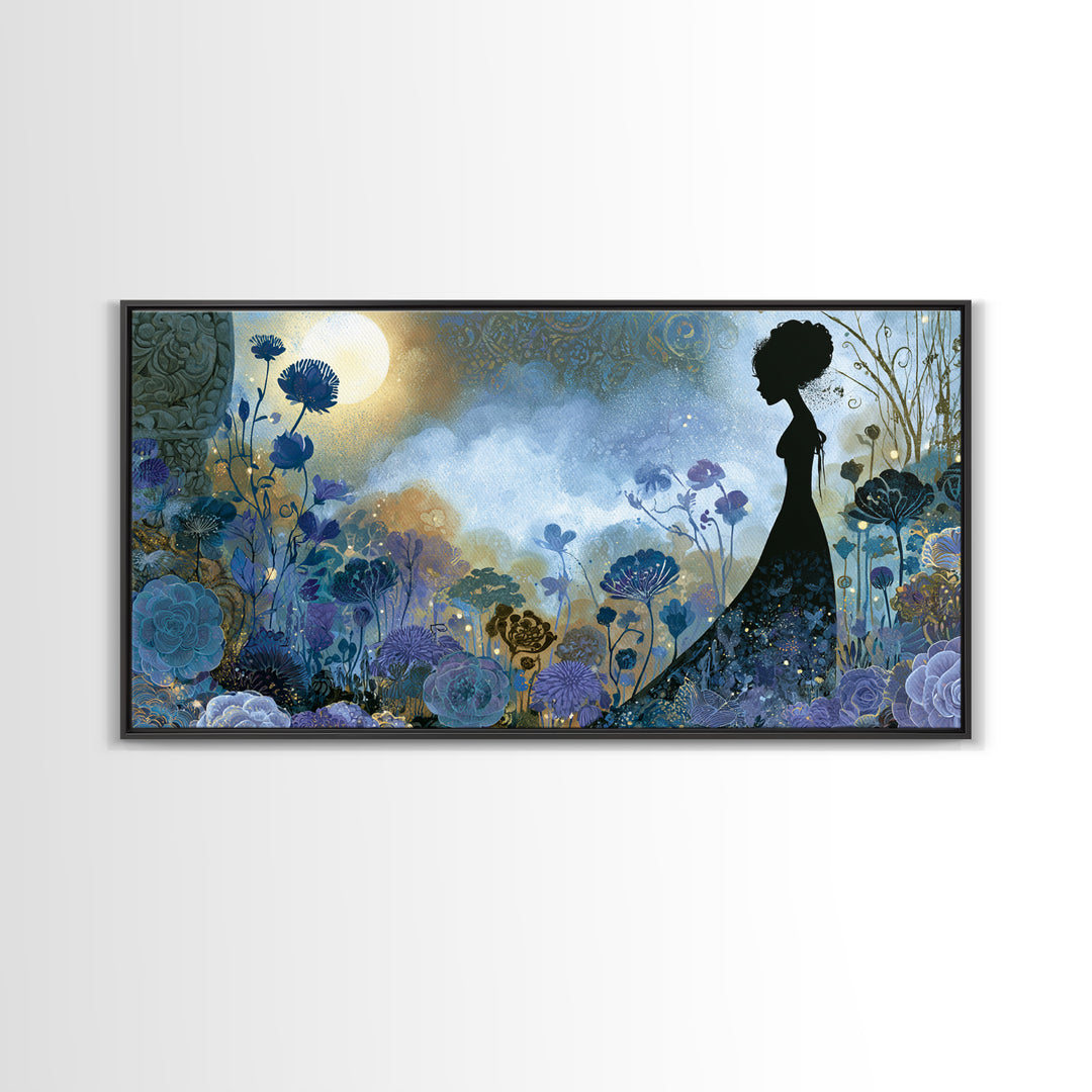 Princess Silhouette with Moonlit Garden Flowers Canvas Print, Fairy Tale Art, Art Nouveau, Living Room Decor, Storybook, FTA-2x1-72