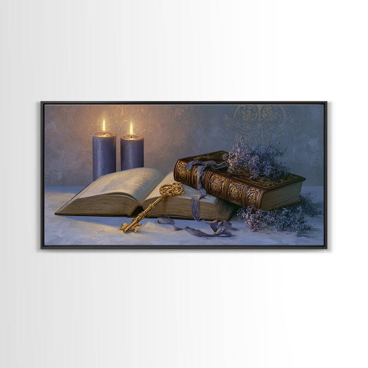 Golden Key and Enchanted Book Still Life Canvas Print, Fairy Tale Art, Boho Wall Art, Living Room Decor, Oil Painting, FTA-2x1-77