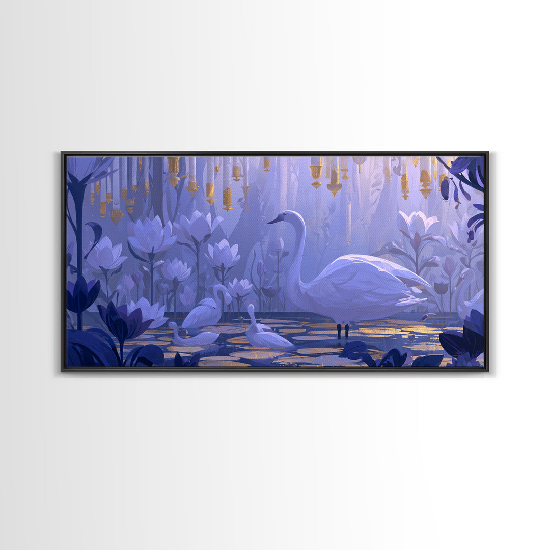 White Swan Transformation Scene Framed Canvas Print, Fairy Tale Art, Painting, Living Room Decor, Fine Art, Storybook, FTA-2x1-83