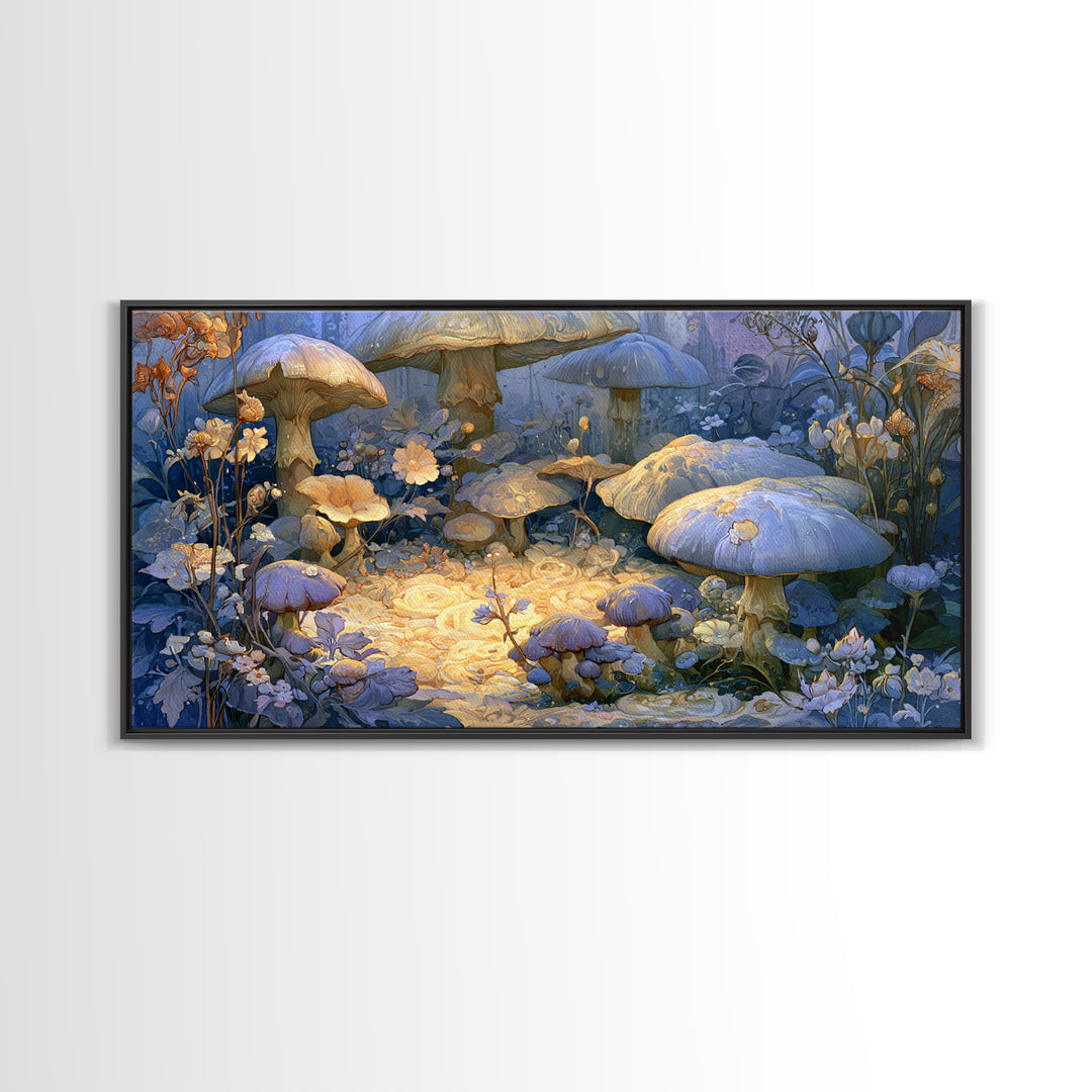 Fairy Ring of Mushrooms and Wildflowers Canvas Print, Fairy Tale Art, Nursery Art, Living Room Decor, Oil Painting, Storybook, FTA-2x1-89