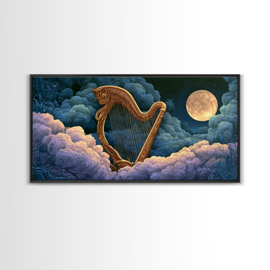 Golden Harp in a Cloud Kingdom Framed Canvas Print, Fairy Tale Art, Art Deco, Living Room Decor, Oil Painting, Storybook, FTA-2x1-90