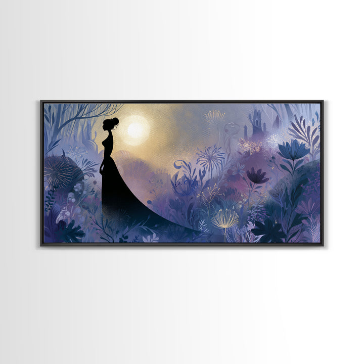 Princess Silhouette with Moonlit Garden Flowers Canvas Print, Fairy Tale Art, Princess Wall Art, Living Room Decor, Storybook, FTA-2x1-96