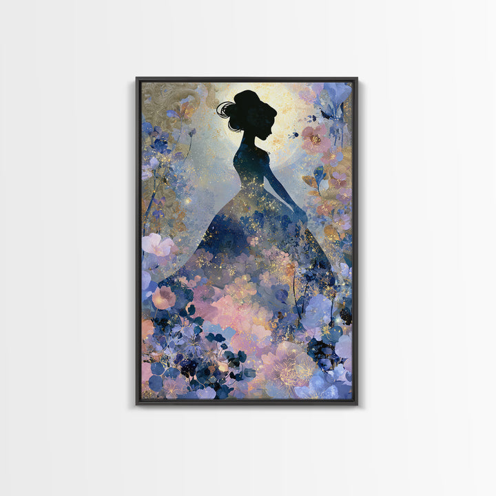 Princess Silhouette with Moonlit Garden Flowers Framed Canvas Print, Fairy Tale Art, Art Deco, Living Room Decor, Storybook, FTA-2x3-12