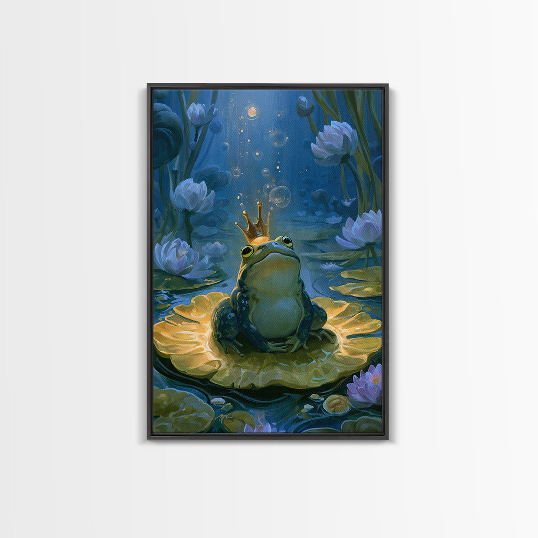 Frog Prince on a Lily Pad Framed Canvas Print, Fairy Tale Art, Contemporary Art, Living Room Decor, Fine Art, Storybook, FTA-2x3-19