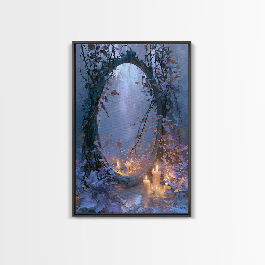 Magic Mirror Framed by Vines and Thorns Framed Canvas Print, Fairy Tale Art, Art Deco, Living Room Decor, Oil Painting, FTA-2x3-21