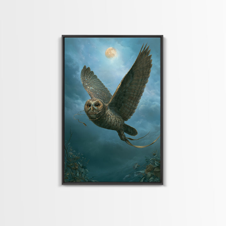Owl Messenger Carrying a Tiny Ribbon Framed Canvas Print, Fairy Tale Art, Original Art, Living Room Decor, Fine Art, Storybook, FTA-2x3-25