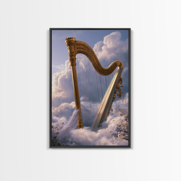 Golden Harp in a Cloud Kingdom Framed Canvas Print, Fairy Tale Art, Minimalist Decor, Living Room Decor, Fine Art, Storybook, FTA-2x3-30