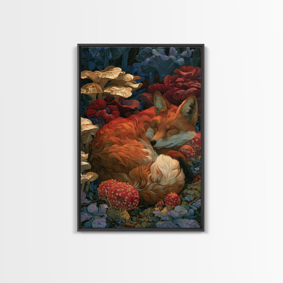 Sleeping Fox Beside a Magical Mushroom Ring Canvas Print, Fairy Tale Art, Nursery Wall Art, Living Room Decor, Watercolor Art, FTA-2x3-35
