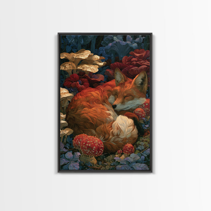 Sleeping Fox Beside a Magical Mushroom Ring Canvas Print, Fairy Tale Art, Nursery Wall Art, Living Room Decor, Watercolor Art, FTA-2x3-35