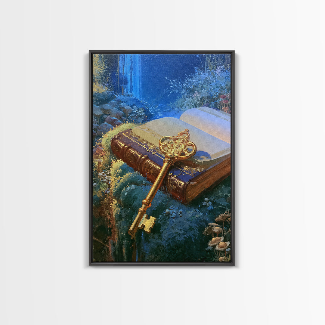 Golden Key and Enchanted Book Still Life Framed Canvas Print, Fairy Tale Art, Abstract Art, Living Room Decor, Storybook, FTA-2x3-41