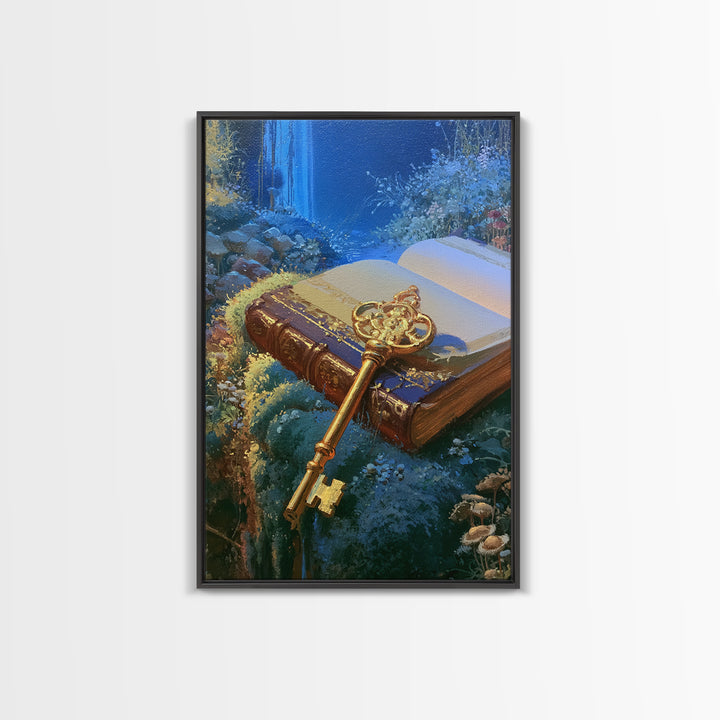 Golden Key and Enchanted Book Still Life Framed Canvas Print, Fairy Tale Art, Abstract Art, Living Room Decor, Storybook, FTA-2x3-41