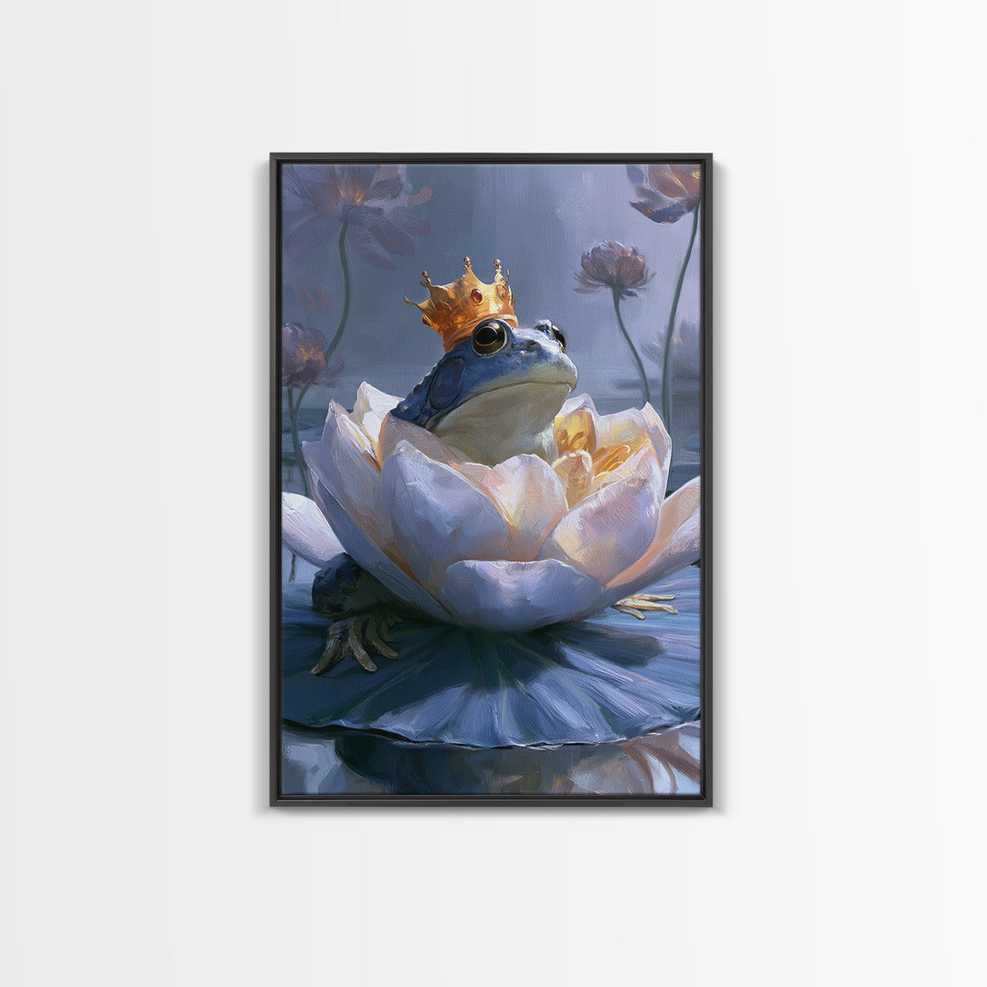 Frog Prince on a Lily Pad Framed Canvas Print, Fairy Tale Art, Canvas Wall Art, Living Room Decor, Fine Art, Storybook, FTA-2x3-43