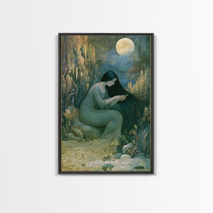 Mermaid Combing Hair Beneath a Pearl Moon Canvas Print, Fairy Tale Art, Luxury Decor, Living Room Decor, Storybook, FTA-2x3-44