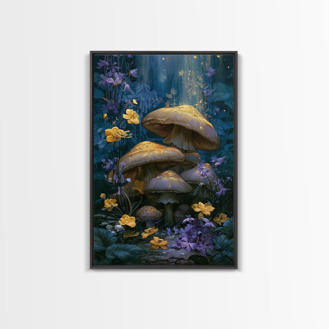 Fairy Ring of Mushrooms and Wildflowers Framed Canvas Print, Fairy Tale Art, Boho Wall Art, Living Room Decor, Watercolor Art, FTA-2x3-53