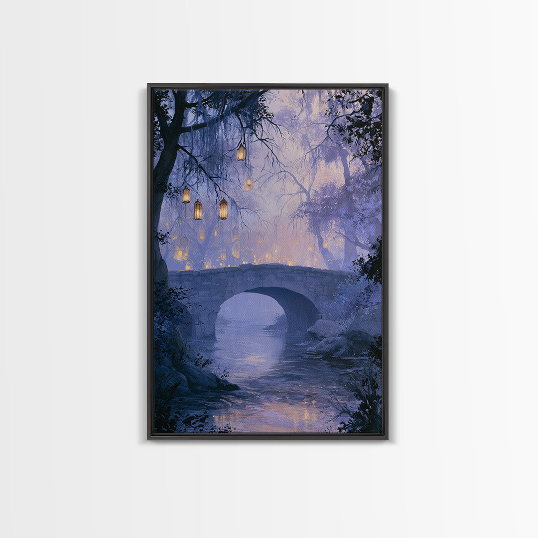 Lantern Lit Bridge Framed Canvas Print, Fairy Tale Art, Original Art, Living Room Decor, Fine Art, Storybook, Folk Art, FTA-2x3-55
