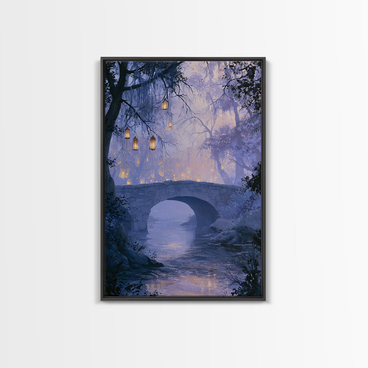 Lantern Lit Bridge Framed Canvas Print, Fairy Tale Art, Original Art, Living Room Decor, Fine Art, Storybook, Folk Art, FTA-2x3-55