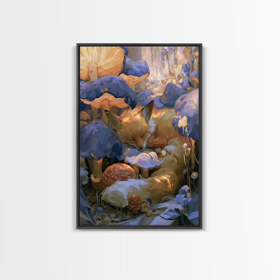 Sleeping Fox Beside a Magical Mushroom Ring Canvas Print, Fairy Tale Art, Boho Wall Art, Living Room Decor, Storybook, FTA-2x3-59