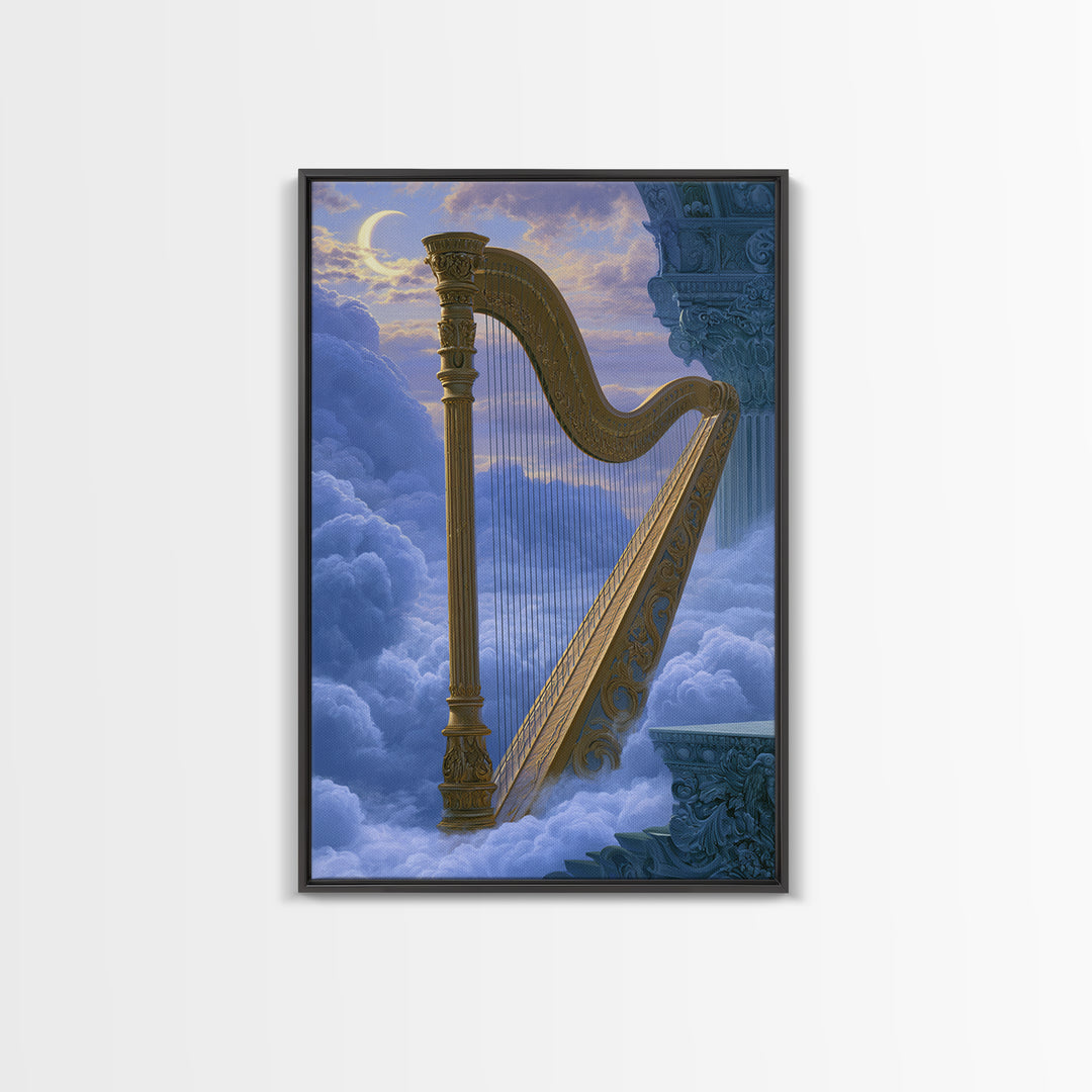 Golden Harp in a Cloud Kingdom Framed Canvas Print, Fairy Tale Art, Minimalist Decor, Living Room Decor, Fine Art, Storybook, FTA-2x3-6