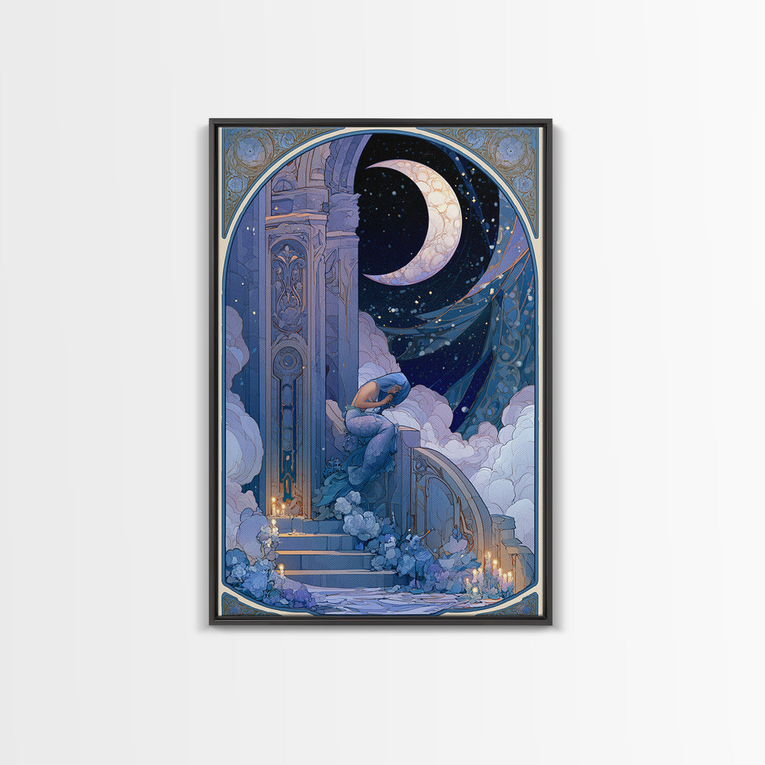 Mermaid Combing Hair Beneath a Pearl Moon Framed Canvas Print, Fairy Tale Art, Nursery Art, Living Room Decor, Storybook, FTA-2x3-68