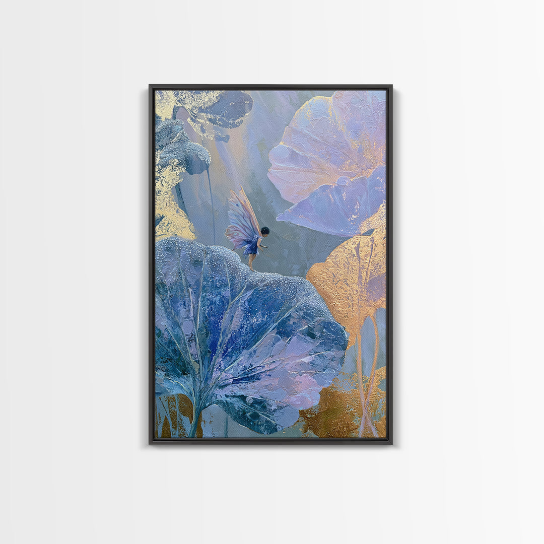 Tiny Fairy Resting on a Dew Covered Framed Canvas Print, Fairy Tale Art, Mixed Media Art, Living Room Decor, Oil Painting, FTA-2x3-87