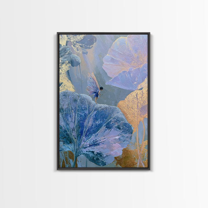 Tiny Fairy Resting on a Dew Covered Framed Canvas Print, Fairy Tale Art, Mixed Media Art, Living Room Decor, Oil Painting, FTA-2x3-87