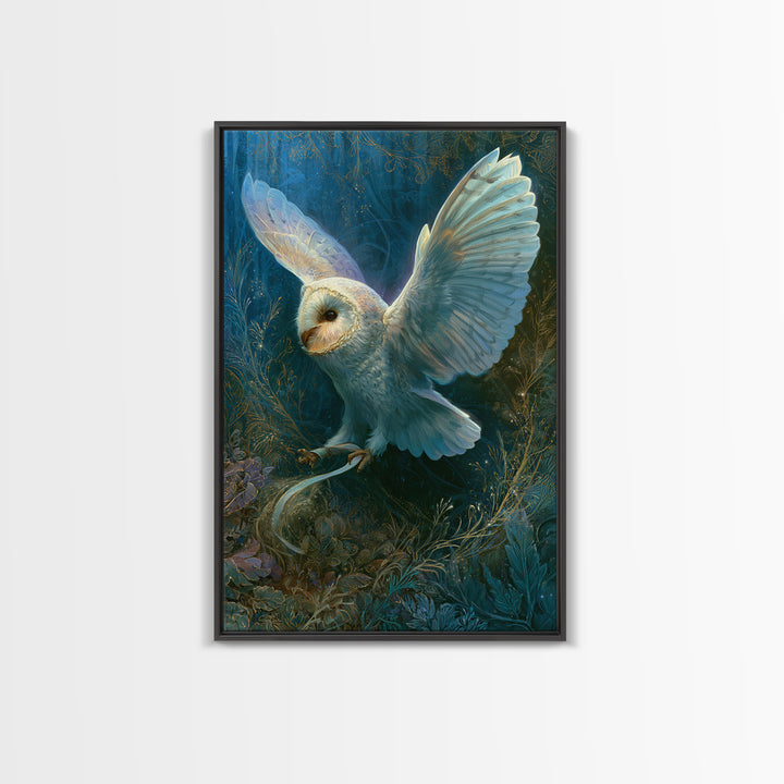 Owl Messenger Carrying a Tiny Ribbon Framed Canvas Print, Fairy Tale Art, Whimsical Art, Living Room Decor, Fine Art, Storybook, FTA-2x3-97