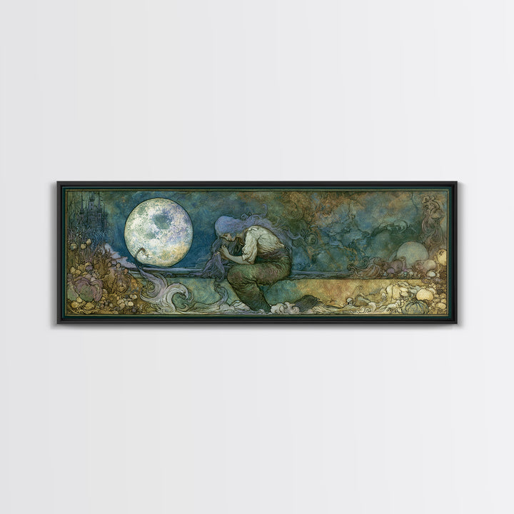 Mermaid Combing Hair Beneath a Pearl Moon Canvas Print, Fairy Tale Art, Living Room Decor, Abstract Art, Storybook, FTA-3x1-100