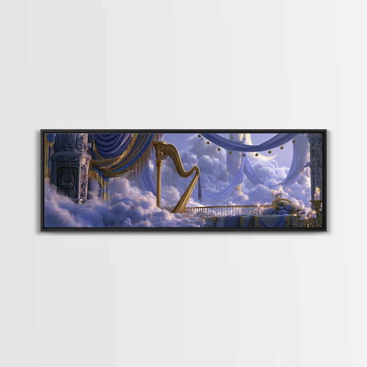 Golden Harp in a Cloud Kingdom Canvas Print, Fairy Tale Art, Modern Decor, Living Room Decor, Fine Art, Storybook, Wall Decor, FTA-3x1-14