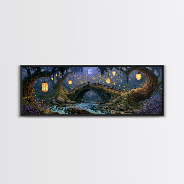 Lantern Lit Bridge Framed Canvas Print, Fairy Tale Art, Gallery Decor, Living Room Decor, Fine Art, Storybook, Wall Art, FTA-3x1-15