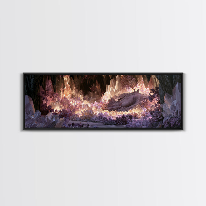 Sleeping Dragon in a Cave of Crystals Canvas Print, Fairy Tale Art, Folk Art, Living Room Decor, Fine Art, Storybook, FTA-3x1-16