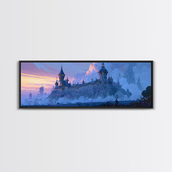 Storybook Castle on a Misty Hill Framed Canvas Print, Fairy Tale Art, Whimsical Decor, Living Room Decor, Fine Art, Storybook, FTA-3x1-18