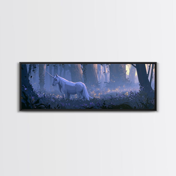 Unicorn in a Moonlit Meadow Framed Canvas Print, Fairy Tale Art, Art Nouveau, Living Room Decor, Fine Art, Storybook, FTA-3x1-2